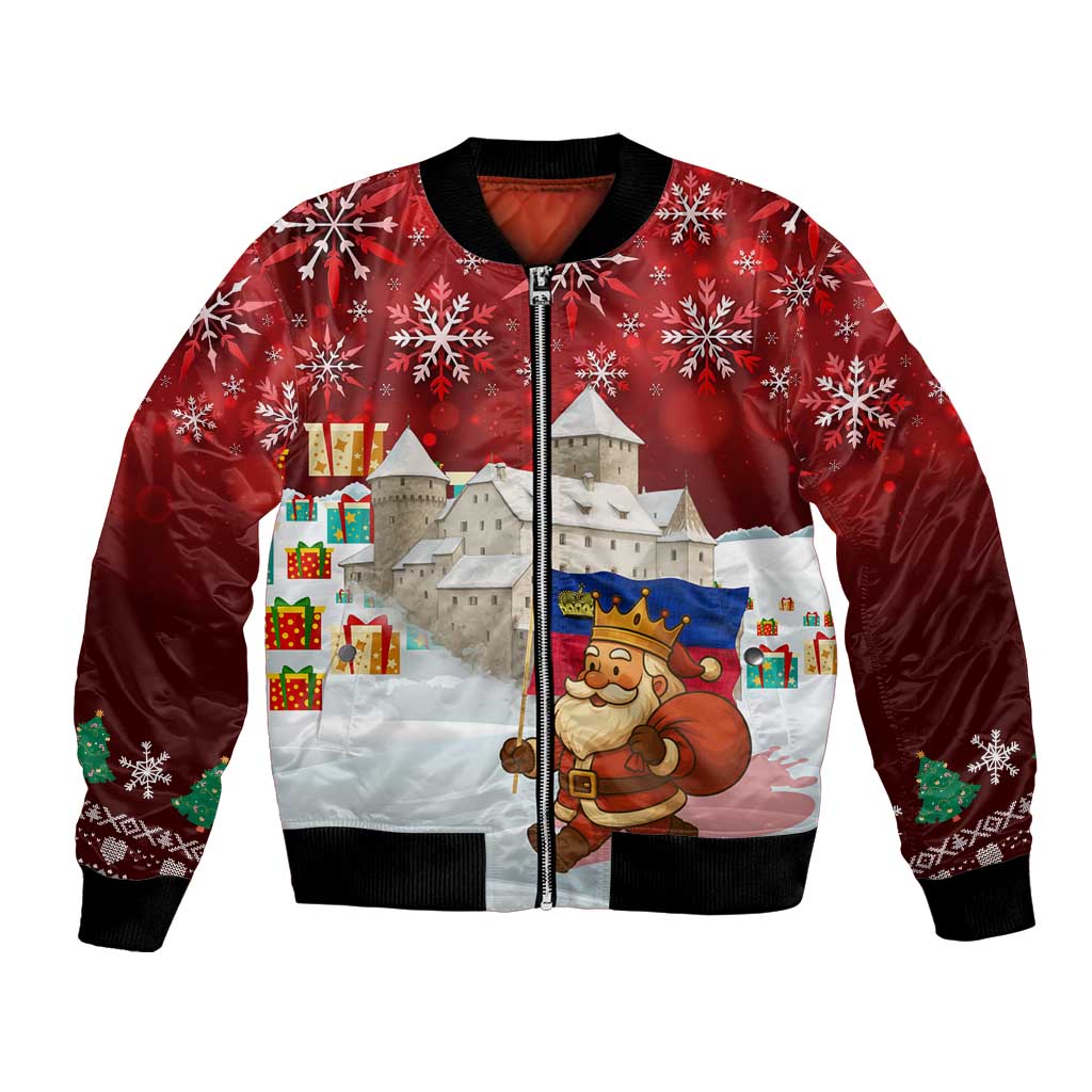 Liechtenstein Christmas Bomber Jacket with Santa Claus Castle Snowflakes and National Flag - Wonder Print Shop
