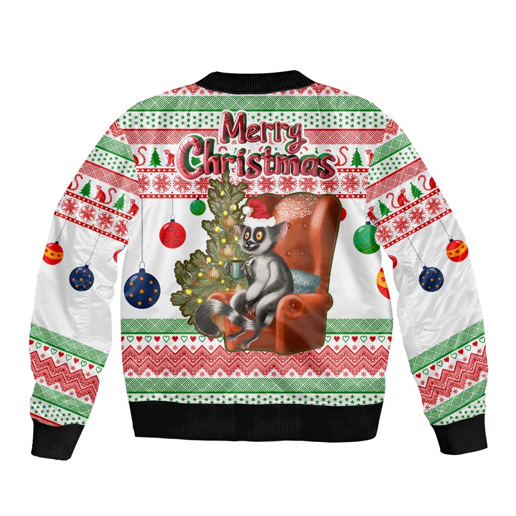 Madagascar Christmas Bomber Jacket with Lemur Santa Hat Holiday Tree and Festive Pattern - Wonder Print Shop