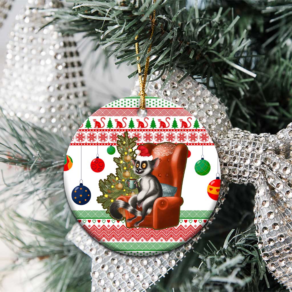 Madagascar Christmas Ceramic Ornament with Lemur Santa Hat Holiday Tree and Festive Pattern - Wonder Print Shop