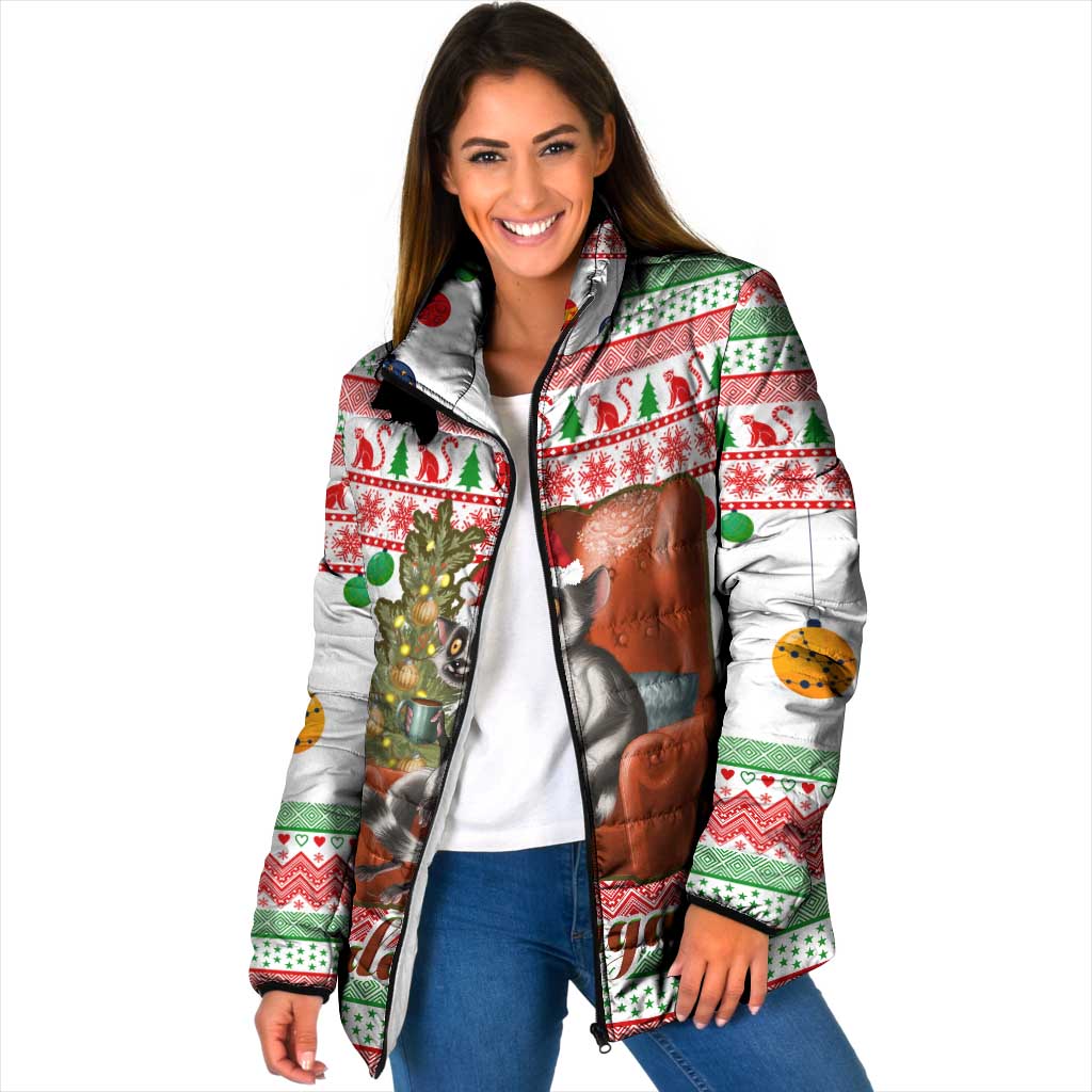 Madagascar Christmas Padded Jacket with Lemur Santa Hat Holiday Tree and Festive Pattern - Wonder Print Shop