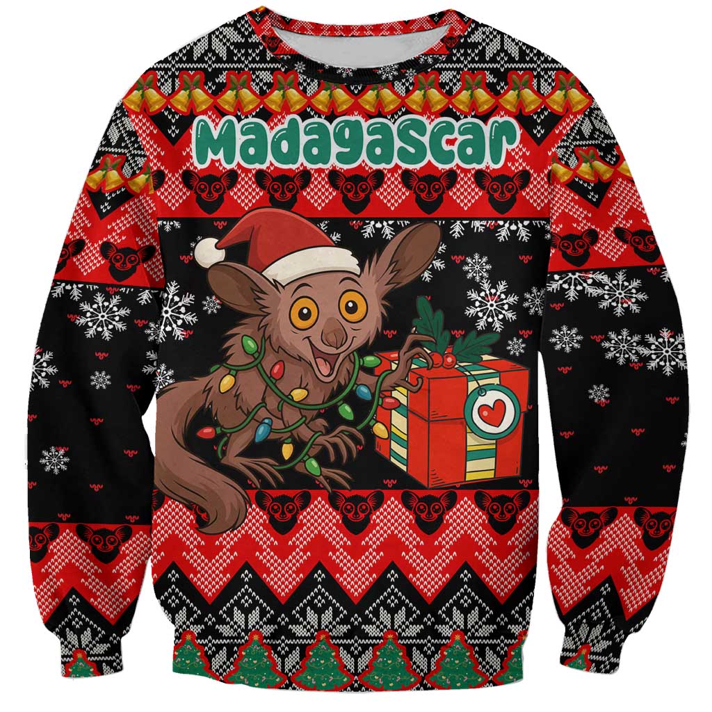 Madagascar Christmas Sweatshirt with Aye Aye Lemur Santa Hat Holiday Lights and Gift Box Pattern - Wonder Print Shop