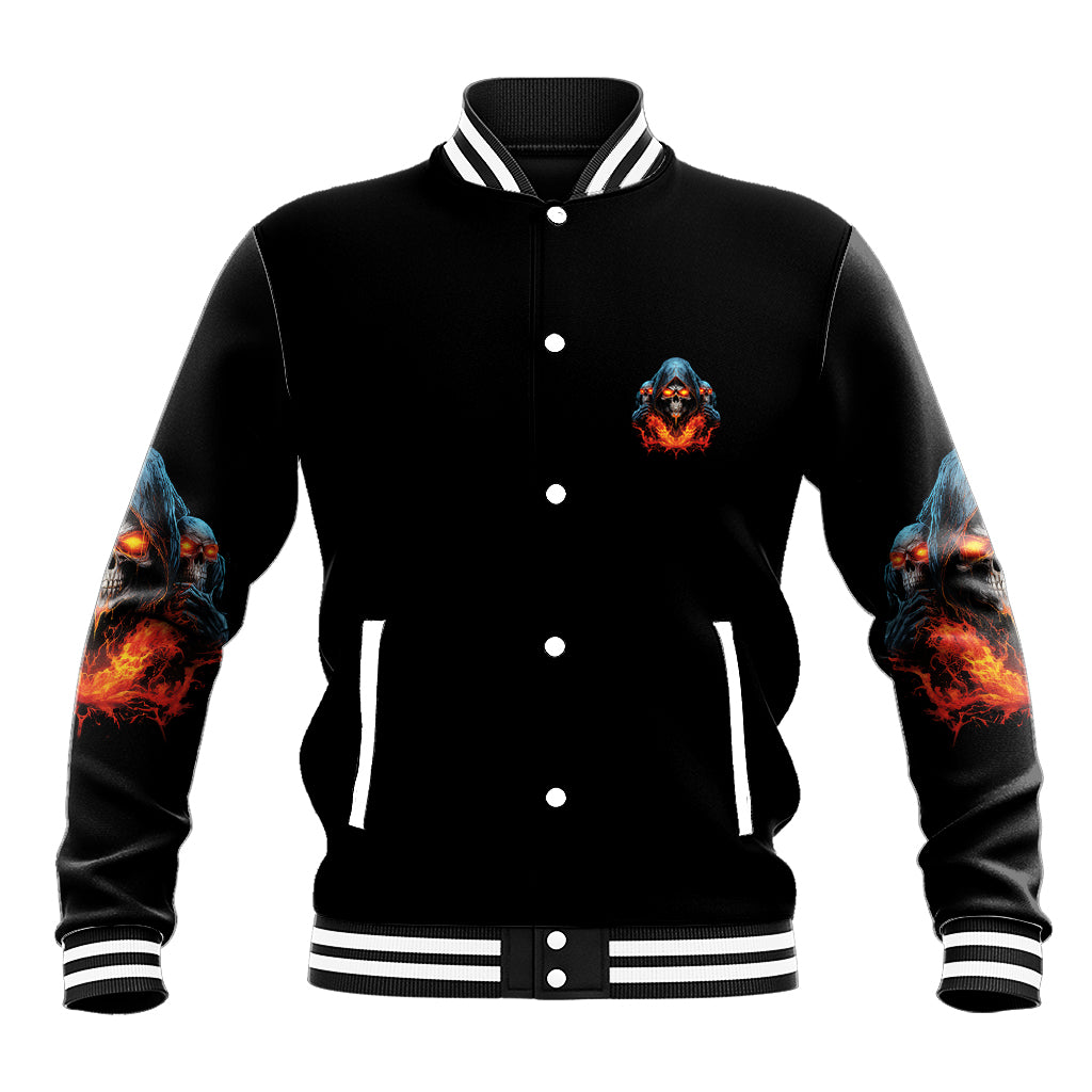 Black varsity jacket with button front, small chest emblem, flame skull sleeve graphics