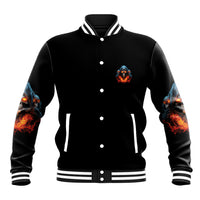 Black varsity jacket with button front, small chest emblem, flame skull sleeve graphics