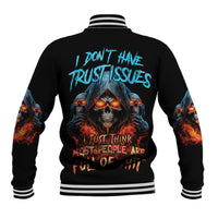 Black baseball jacket with striped ribbed collar, back skull graphic and flame artwork