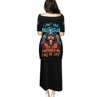 Black long dress with short sleeves and colorful skull graphic on back