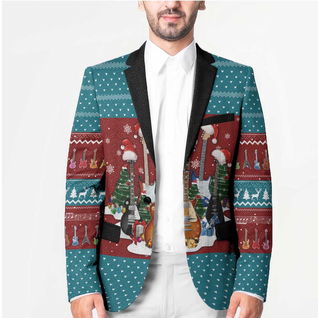Christmas Guitar Blazer with Santa Hats Trees Snowflakes and Musical Pattern - Wonder Print Shop