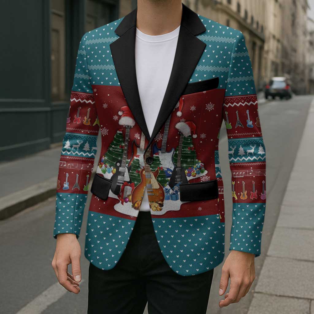 Christmas Guitar Blazer with Santa Hats Trees Snowflakes and Musical Pattern - Wonder Print Shop
