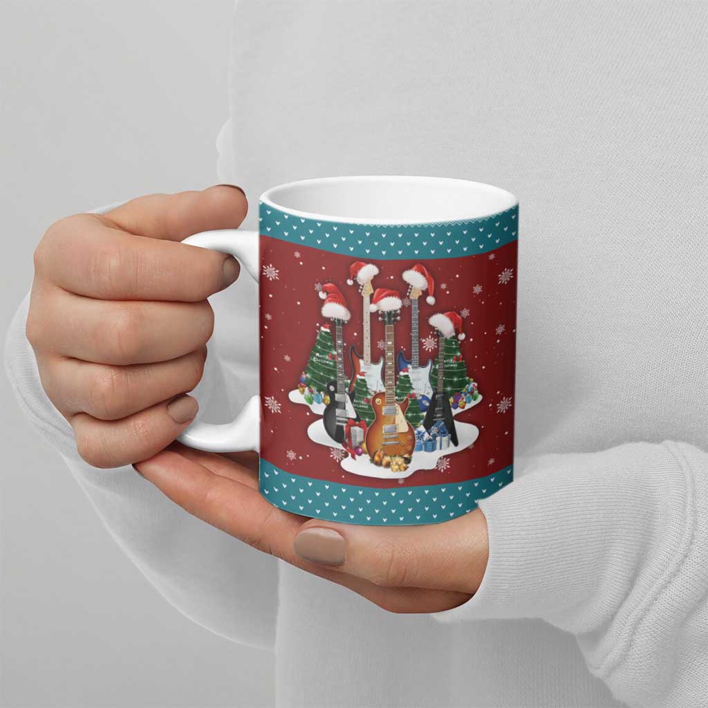 Christmas Guitar Ceramic Mug with Santa Hats Trees Snowflakes and Musical Pattern - Wonder Print Shop