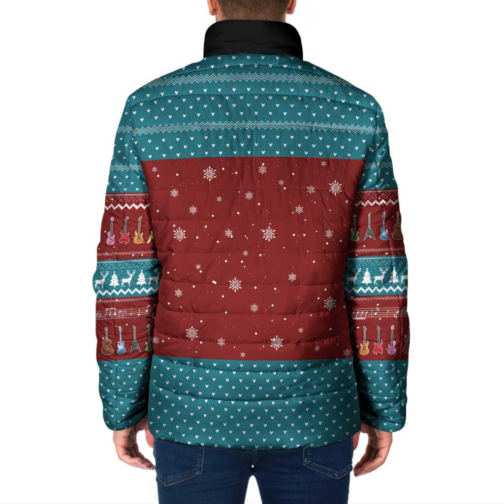 Christmas Guitar Padded Jacket with Santa Hats Trees Snowflakes and Musical Pattern - Wonder Print Shop