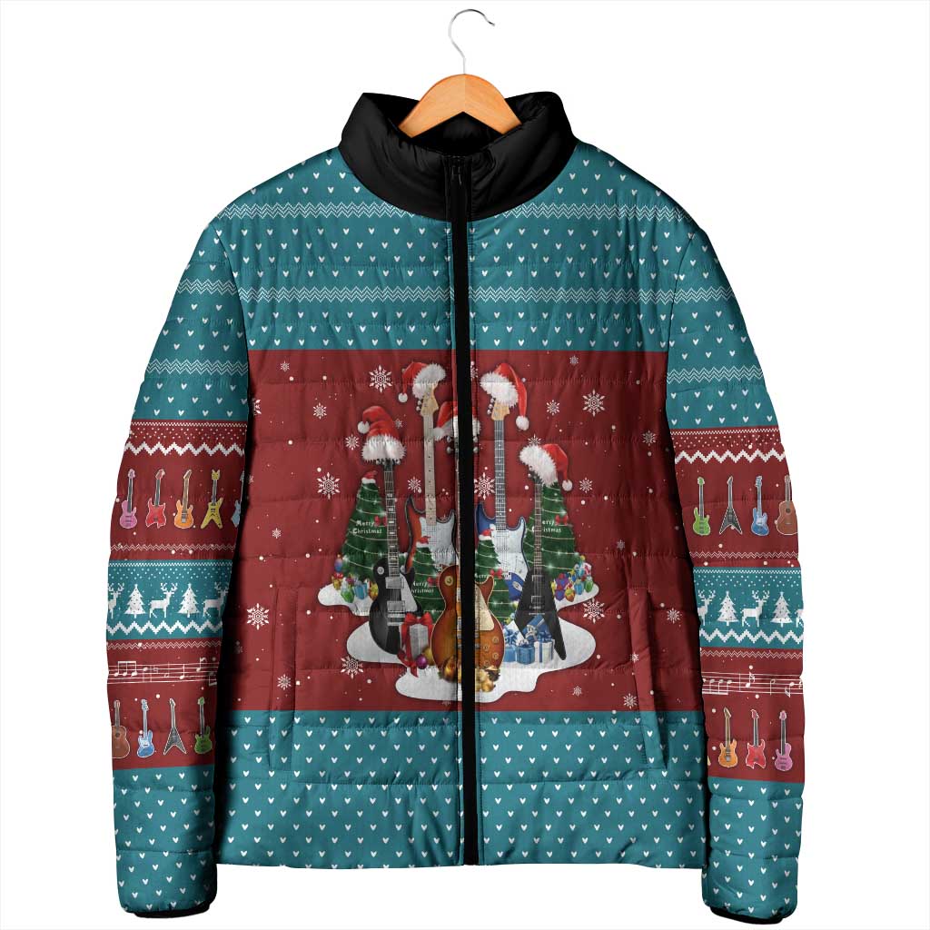 Christmas Guitar Padded Jacket with Santa Hats Trees Snowflakes and Musical Pattern - Wonder Print Shop