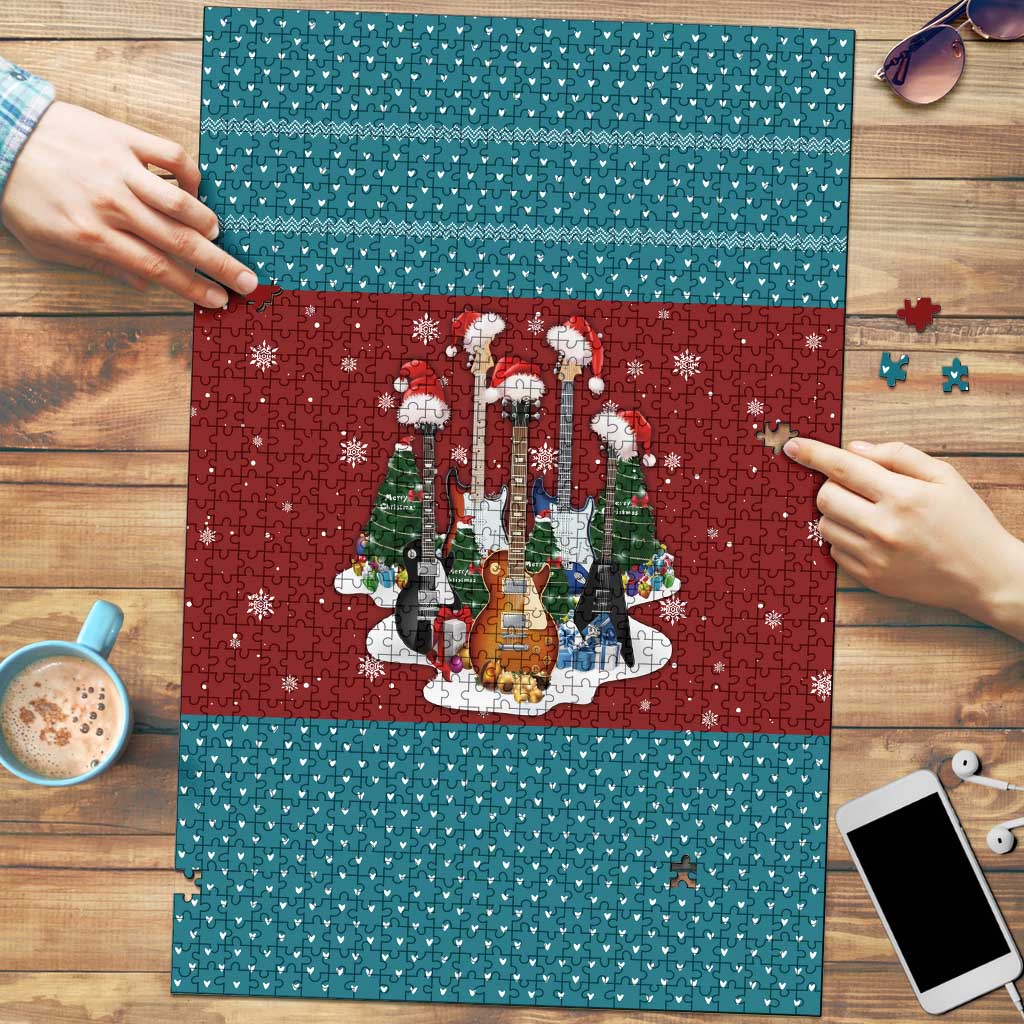 Christmas Guitar Puzzle with Santa Hats Trees Snowflakes and Musical Pattern - Wonder Print Shop