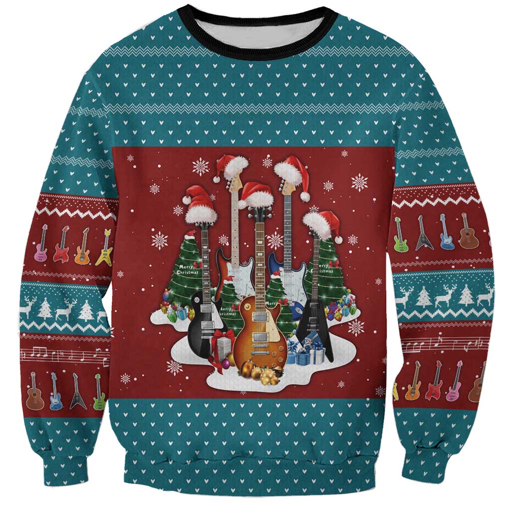 Christmas Guitar Sweatshirt with Santa Hats Trees Snowflakes and Musical Pattern - Wonder Print Shop