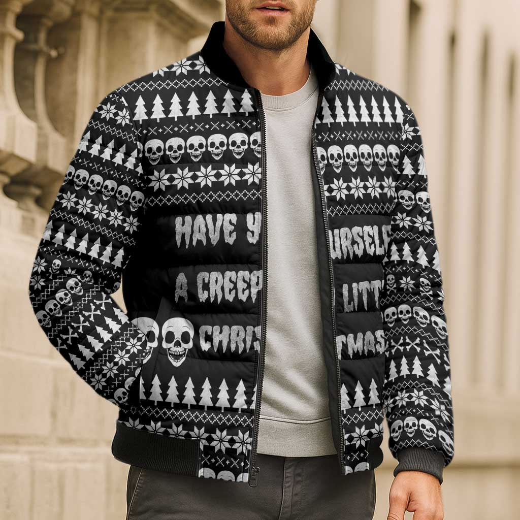 Creepy Christmas Bomber Puffer Jacket with Skulls Trees and Gothic Holiday Pattern - Wonder Print Shop