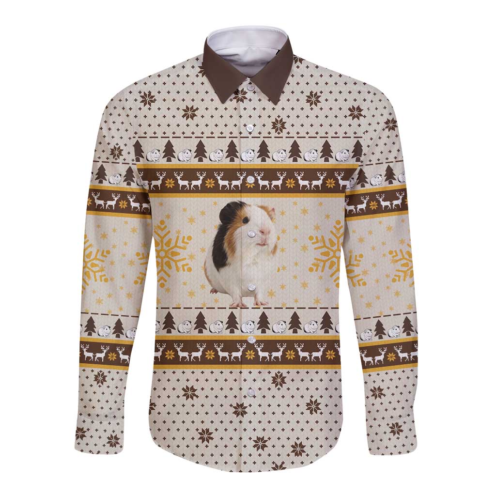 Guinea Pig Christmas Long Sleeve Button Shirt with Snowflakes Trees and Reindeer Pattern - Wonder Print Shop