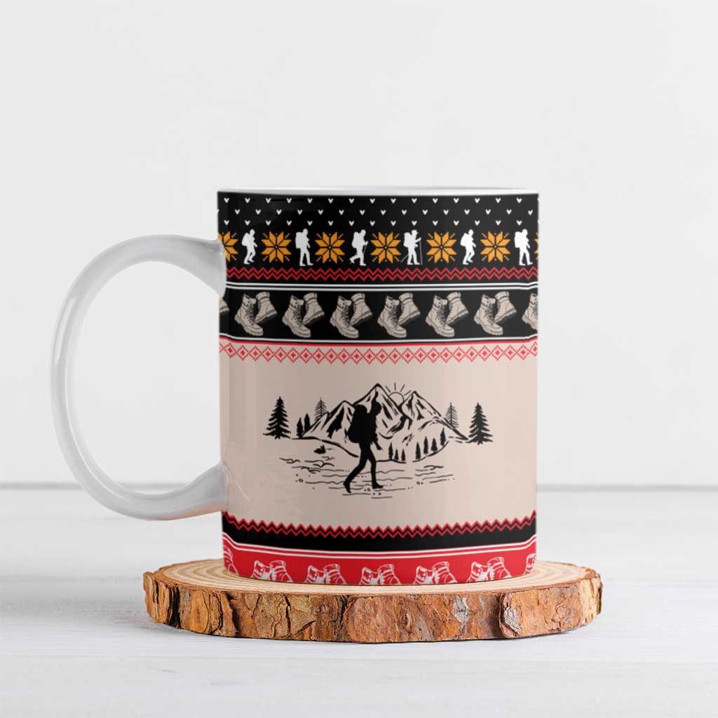 Hiking Christmas Ceramic Mug with Mountains Trees and Winter Holiday Pattern - Wonder Print Shop