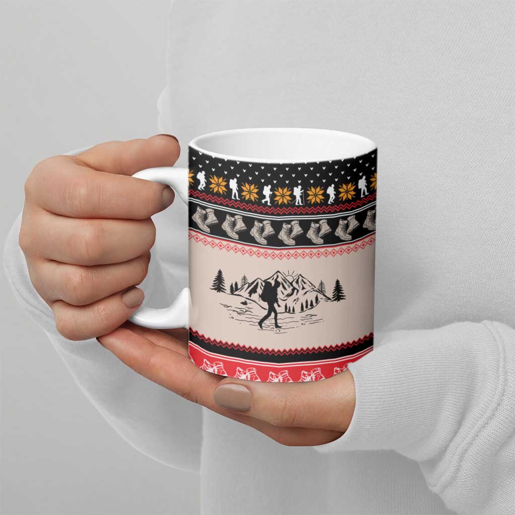 Hiking Christmas Ceramic Mug with Mountains Trees and Winter Holiday Pattern - Wonder Print Shop