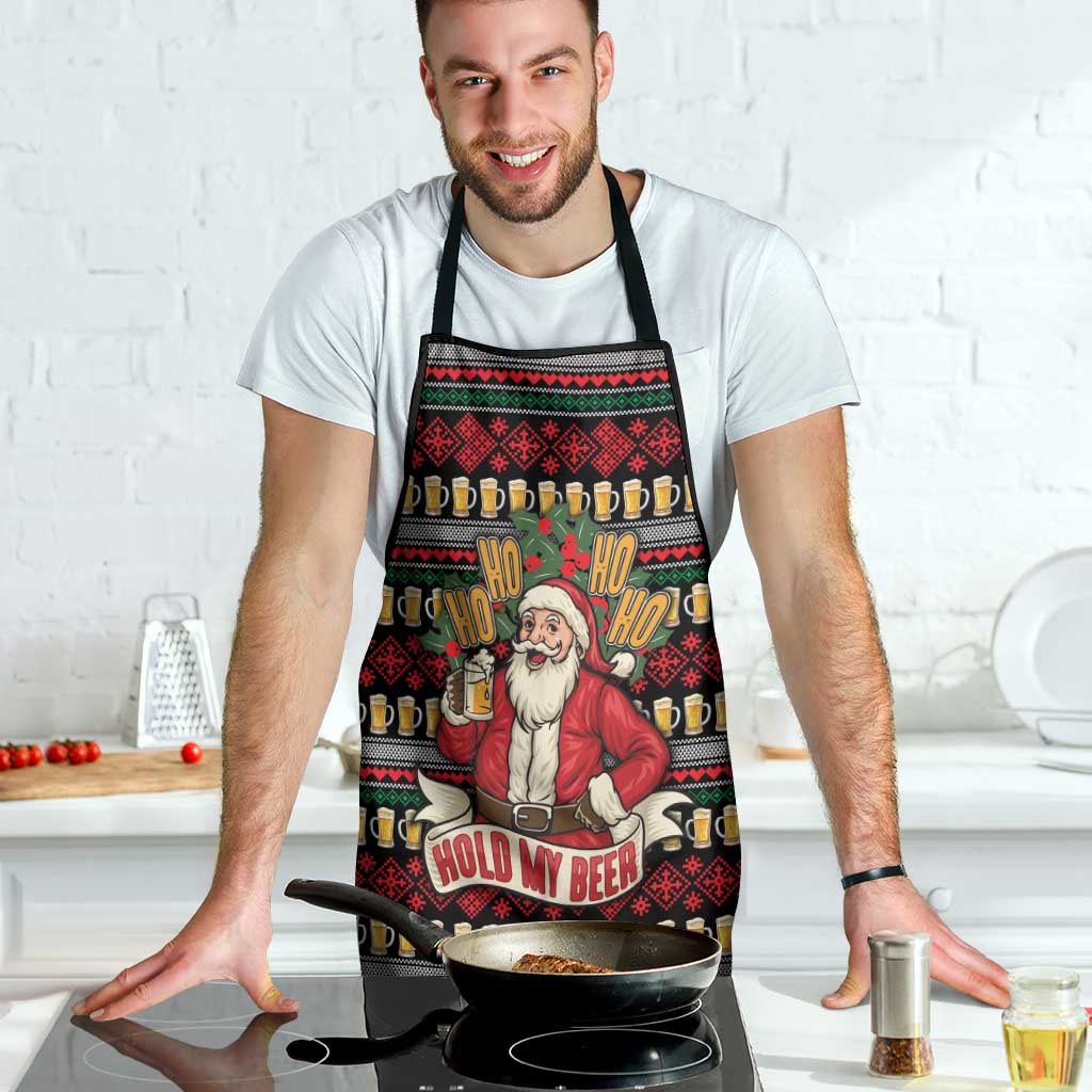 Santa Hold My Beer Christmas Apron with Beer Mugs and Holiday Pattern - Wonder Print Shop