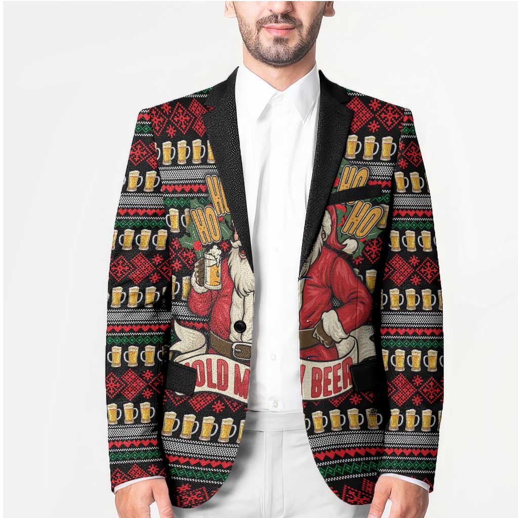 Santa Hold My Beer Christmas Blazer with Beer Mugs and Holiday Pattern - Wonder Print Shop