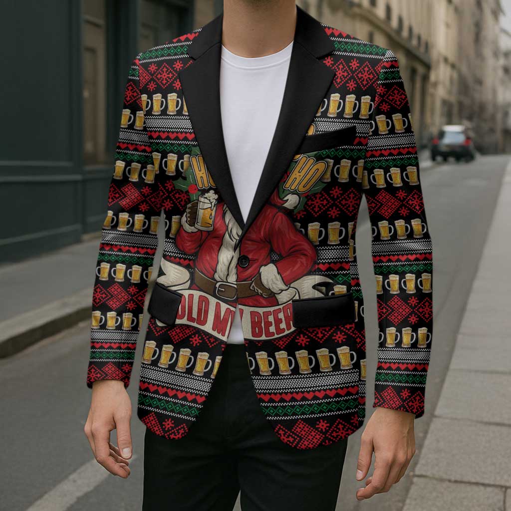 Santa Hold My Beer Christmas Blazer with Beer Mugs and Holiday Pattern - Wonder Print Shop