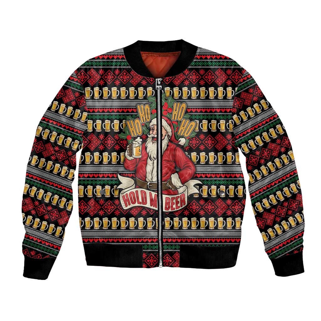 Santa Hold My Beer Christmas Bomber Jacket with Beer Mugs and Holiday Pattern - Wonder Print Shop