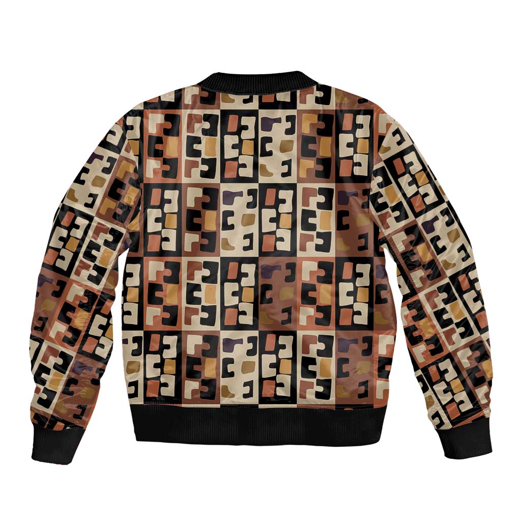 Kuba Flow Bomber Jacket with Geometric Tribal Blocks and Earth-Tone Mosaic Design - Wonder Print Shop