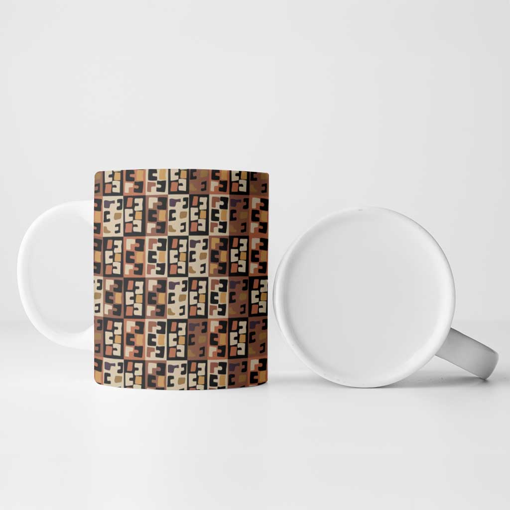 Kuba Flow Ceramic Mug with Geometric Tribal Blocks and Earth-Tone Mosaic Design - Wonder Print Shop