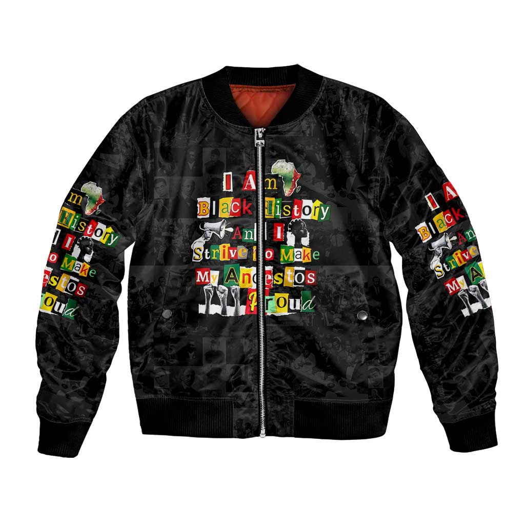 I Am Black History And I Strive To Make My Ancestor Proud Bomber Jacket with Ancestral Collage Background and Afrocentric Lettering - Wonder Print Shop