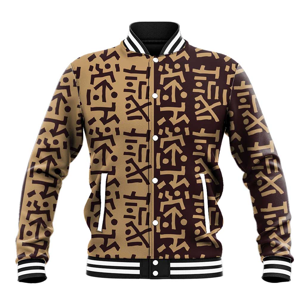Tribe Script Baseball Jacket with Bold Mudcloth Symbols and Brown Tan Split Design - Wonder Print Shop