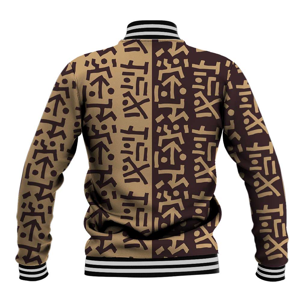 Tribe Script Baseball Jacket with Bold Mudcloth Symbols and Brown Tan Split Design - Wonder Print Shop
