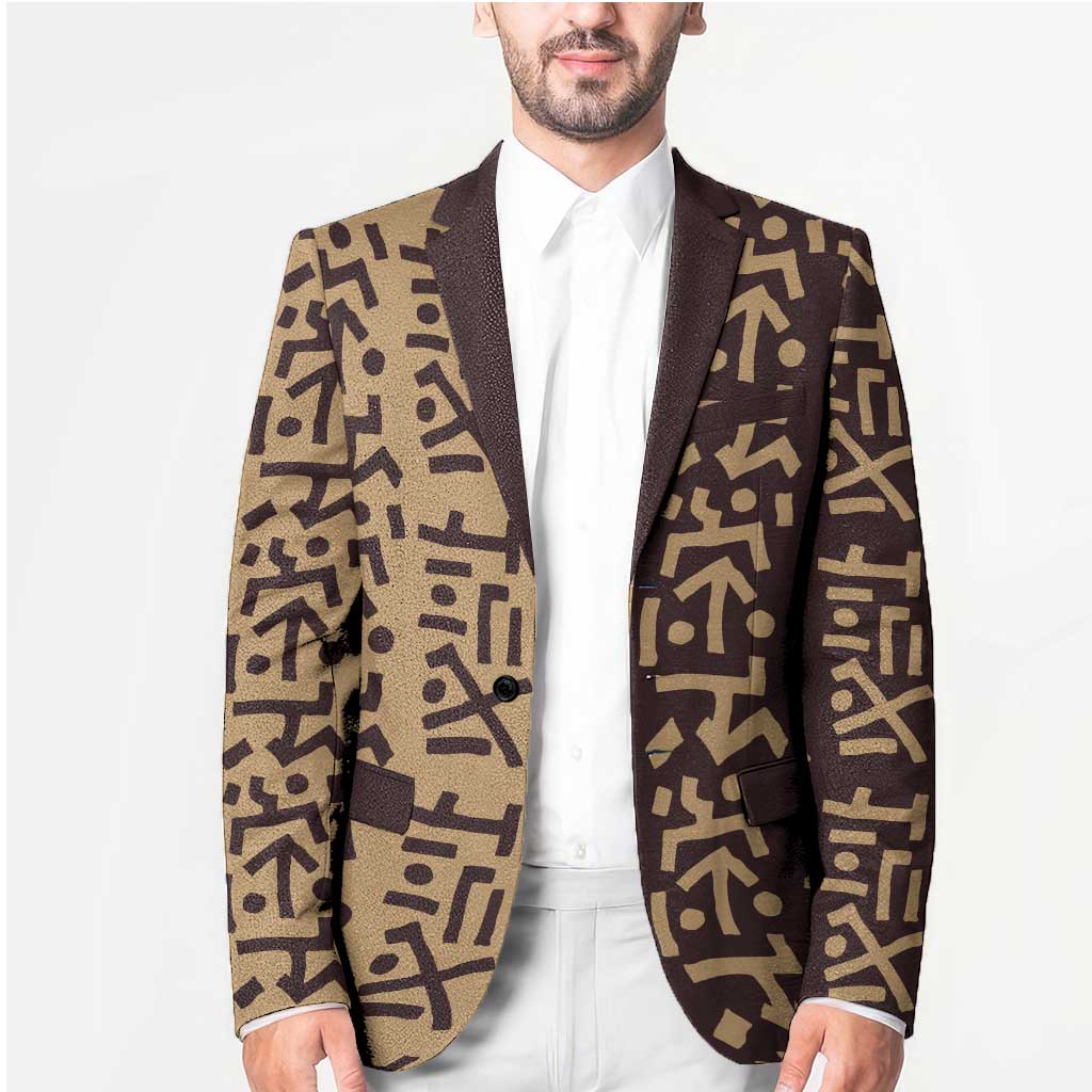 Tribe Script Blazer with Bold Mudcloth Symbols and Brown Tan Split Design - Wonder Print Shop