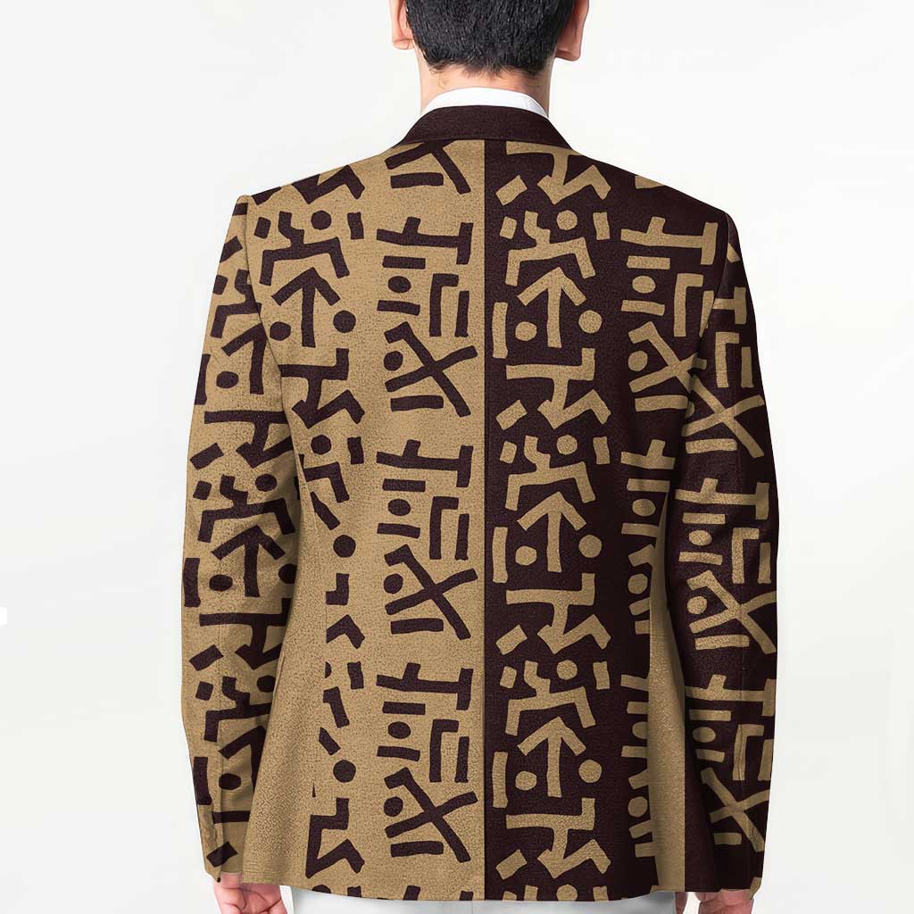 Tribe Script Blazer with Bold Mudcloth Symbols and Brown Tan Split Design - Wonder Print Shop