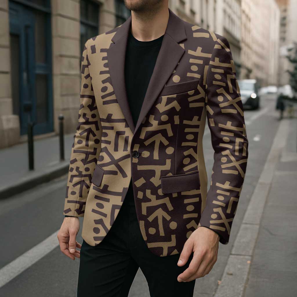 Tribe Script Blazer with Bold Mudcloth Symbols and Brown Tan Split Design - Wonder Print Shop