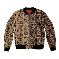 Tribe Script Bomber Jacket with Bold Mudcloth Symbols and Brown Tan Split Design - Wonder Print Shop