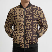 Tribe Script Bomber Puffer Jacket with Bold Mudcloth Symbols and Brown Tan Split Design - Wonder Print Shop