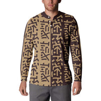 Tribe Script Button Sweatshirt with Bold Mudcloth Symbols and Brown Tan Split Design - Wonder Print Shop