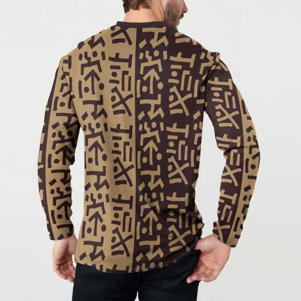 Tribe Script Button Sweatshirt with Bold Mudcloth Symbols and Brown Tan Split Design - Wonder Print Shop