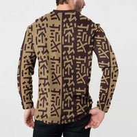 Tribe Script Button Sweatshirt with Bold Mudcloth Symbols and Brown Tan Split Design - Wonder Print Shop