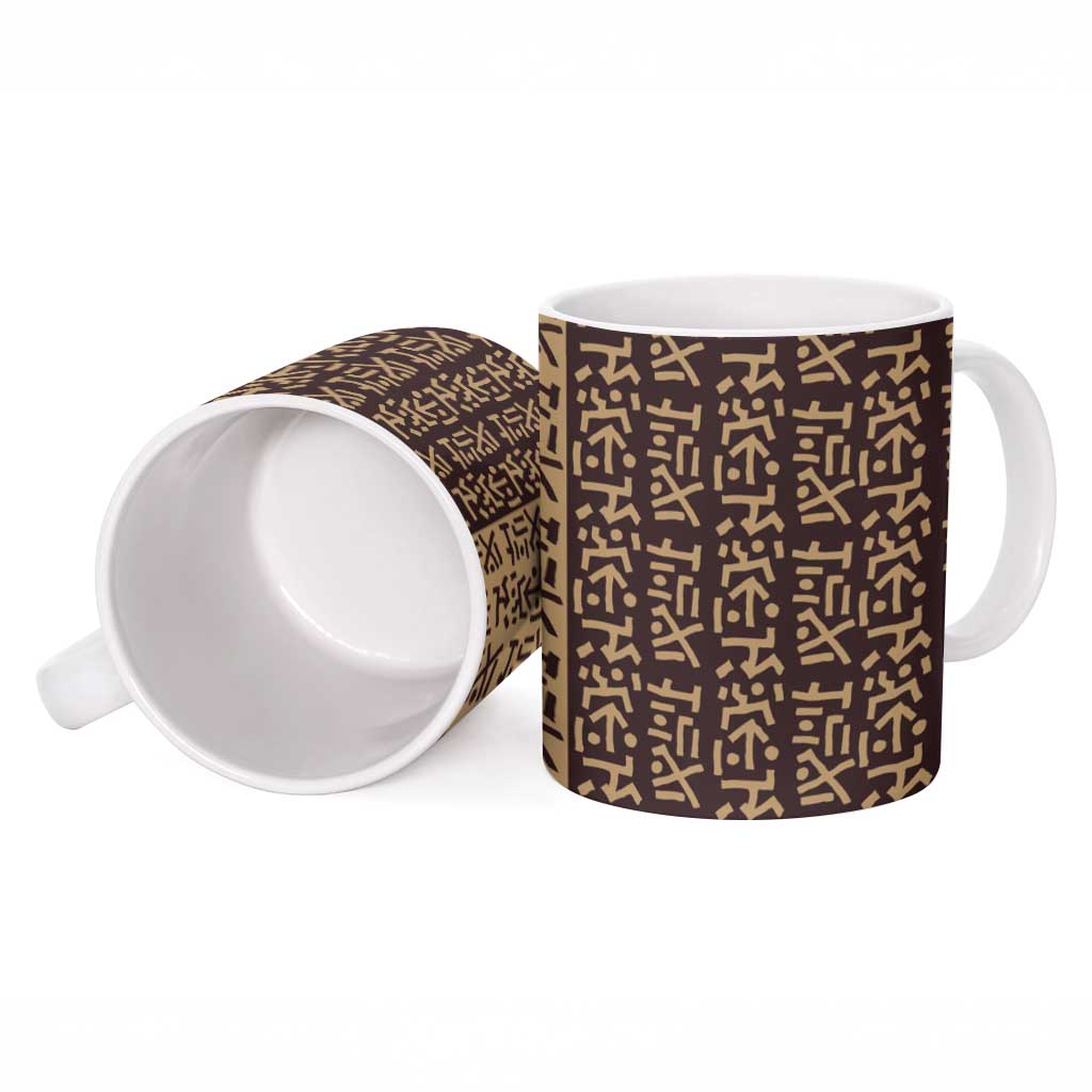 Tribe Script Ceramic Mug with Bold Mudcloth Symbols and Brown Tan Split Design - Wonder Print Shop