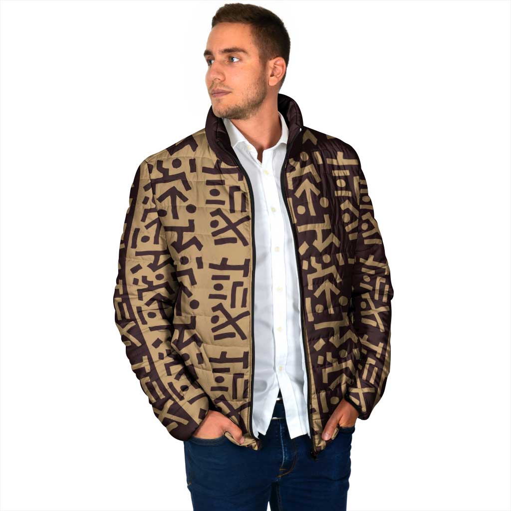 Tribe Script Padded Jacket with Bold Mudcloth Symbols and Brown Tan Split Design - Wonder Print Shop