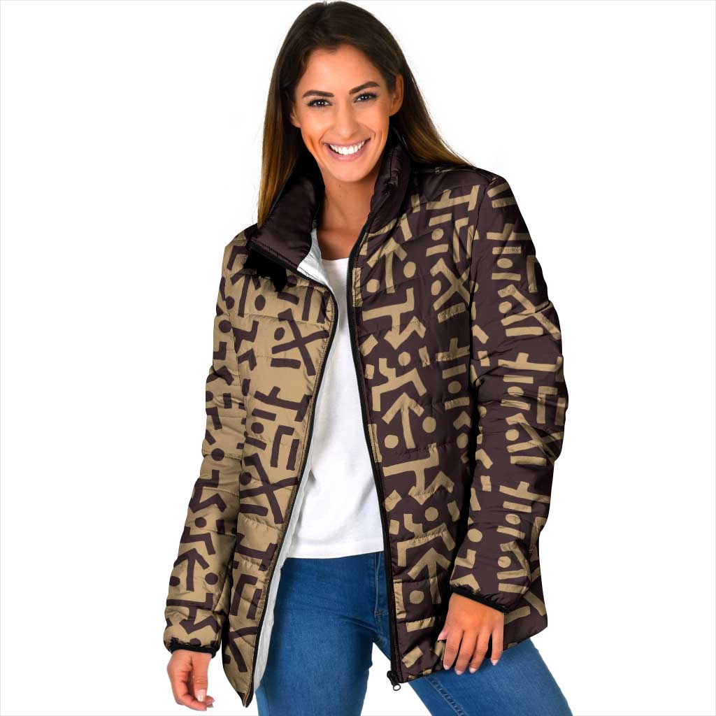 Tribe Script Padded Jacket with Bold Mudcloth Symbols and Brown Tan Split Design - Wonder Print Shop