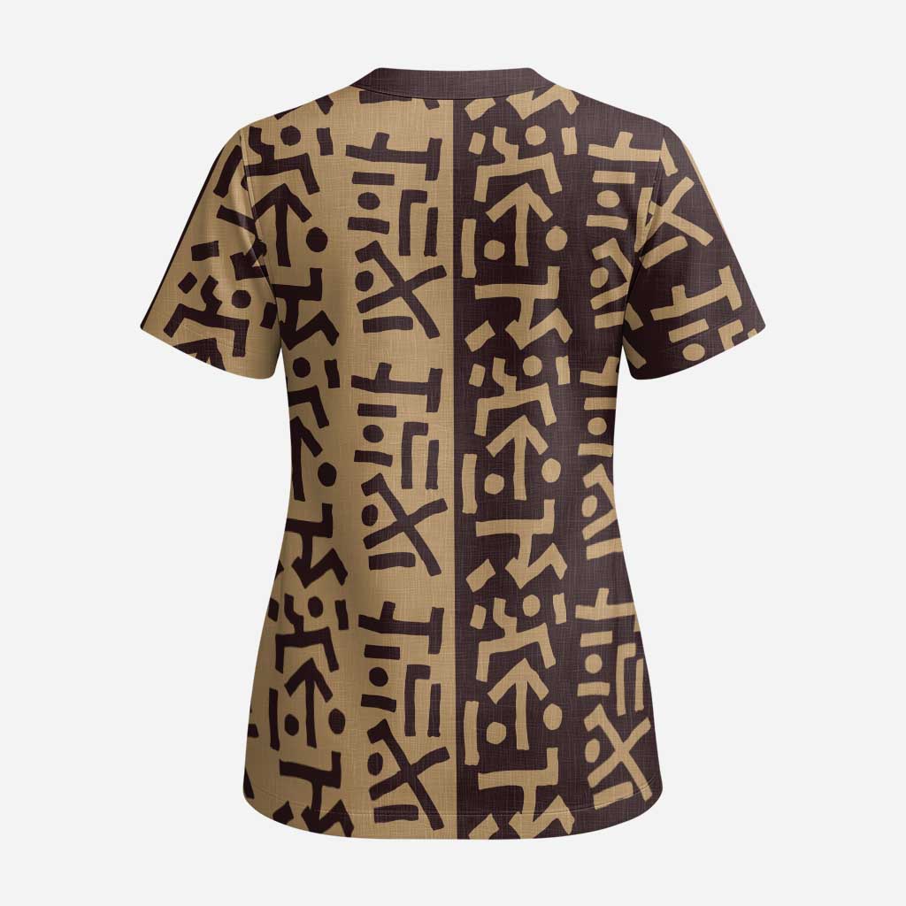 Tribe Script Scrub Top with Bold Mudcloth Symbols and Brown Tan Split Design - Wonder Print Shop