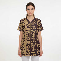 Tribe Script Scrub Top with Bold Mudcloth Symbols and Brown Tan Split Design - Wonder Print Shop