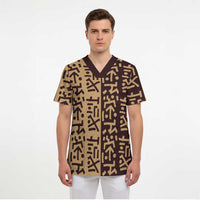 Tribe Script Scrub Top with Bold Mudcloth Symbols and Brown Tan Split Design - Wonder Print Shop