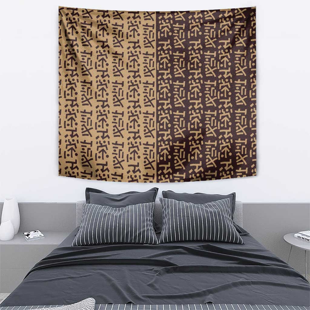 Tribe Script Tapestry with Bold Mudcloth Symbols and Brown Tan Split Design - Wonder Print Shop
