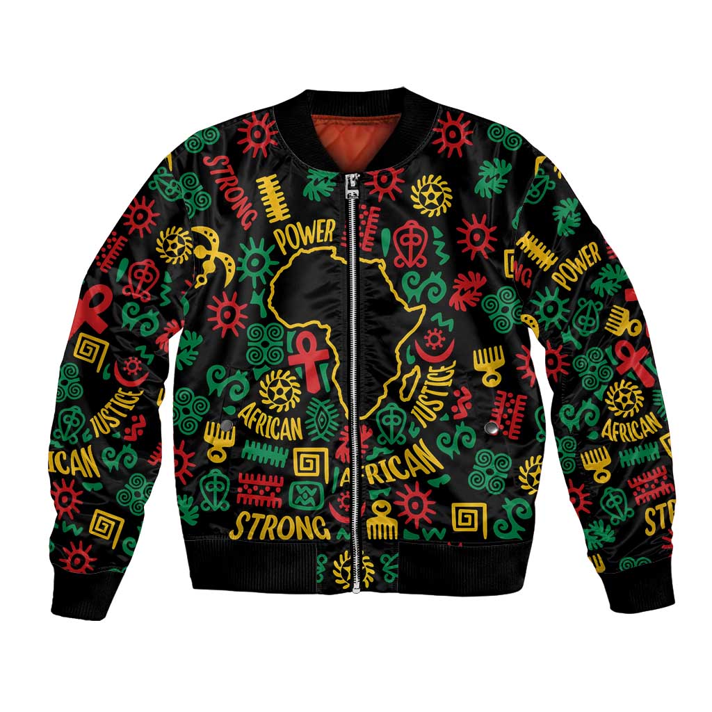 African Map Symbol Bomber Jacket with Red Yellow Green Tribal Symbols and Empowering Pattern - Wonder Print Shop