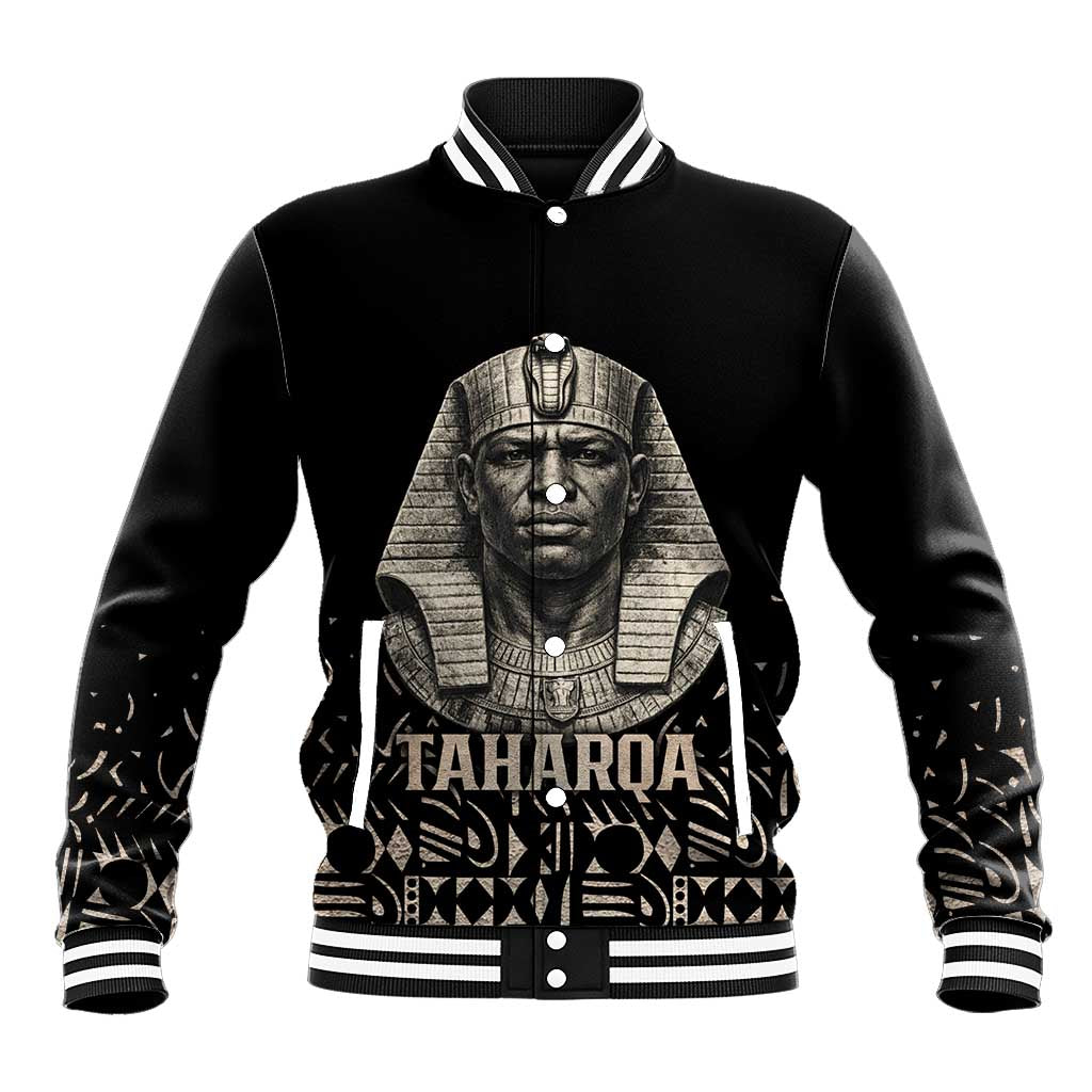 Taharqa Baseball Jacket with Black Pharaoh Portrait, 25th Dynasty of Egypt Text and Nubian-Inspired - Wonder Print Shop