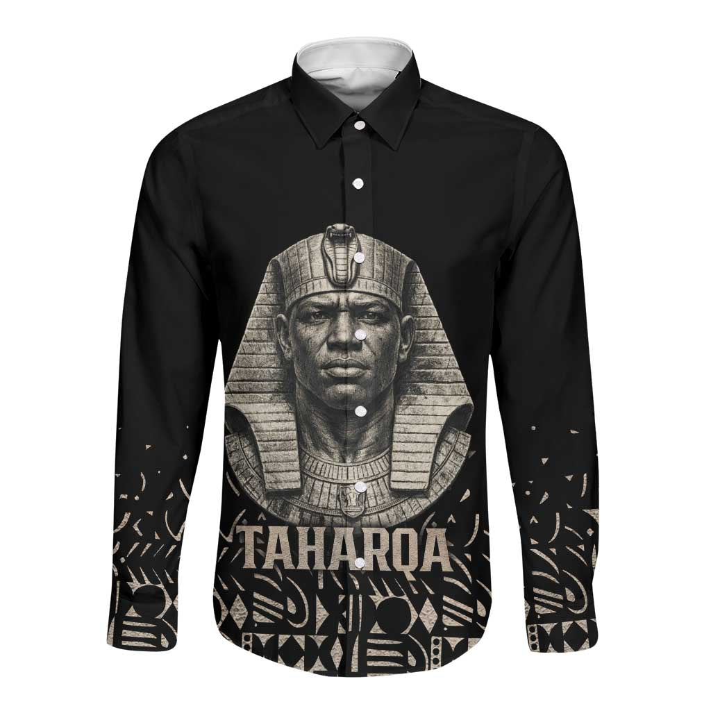 Taharqa Long Sleeve Button Shirt with Black Pharaoh Portrait, 25th Dynasty of Egypt Text and Nubian-Inspired - Wonder Print Shop