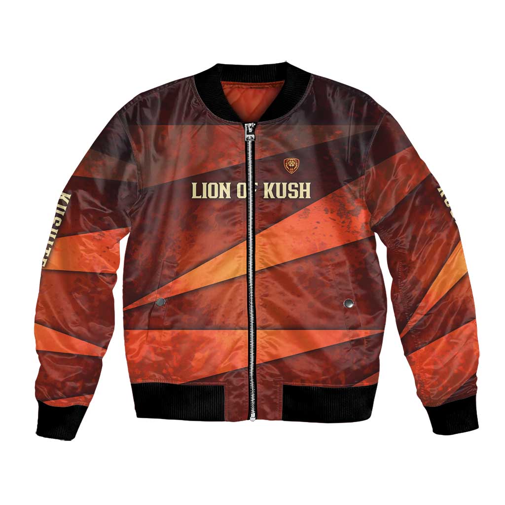 Taharqa Bomber Jacket with Warrior Portrait, Lion of Kush Title and Bold Red Defender of Africa - Wonder Print Shop