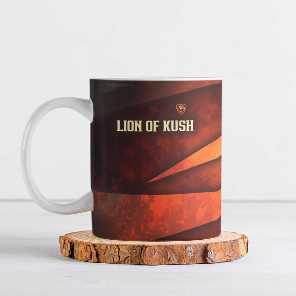 Taharqa Ceramic Mug with Warrior Portrait, Lion of Kush Title and Bold Red Defender of Africa - Wonder Print Shop