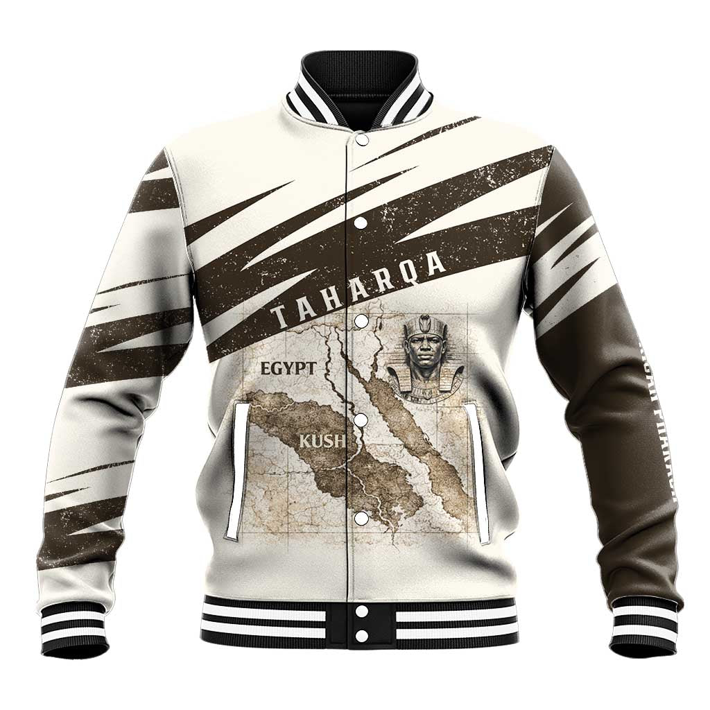 Taharqa Baseball Jacket with Ancient Map Illustration, King of Two Lands Title and Kush Egypt Temple - Wonder Print Shop